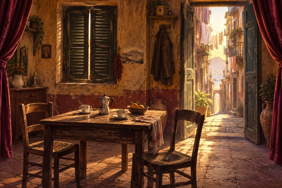 Illustrazione di una casa napoletana con un tavolo di famiglia e la luce che entra dal vicolo