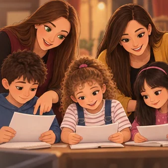 Nel racconto illustrato, i bambini studiano le battute con le docenti